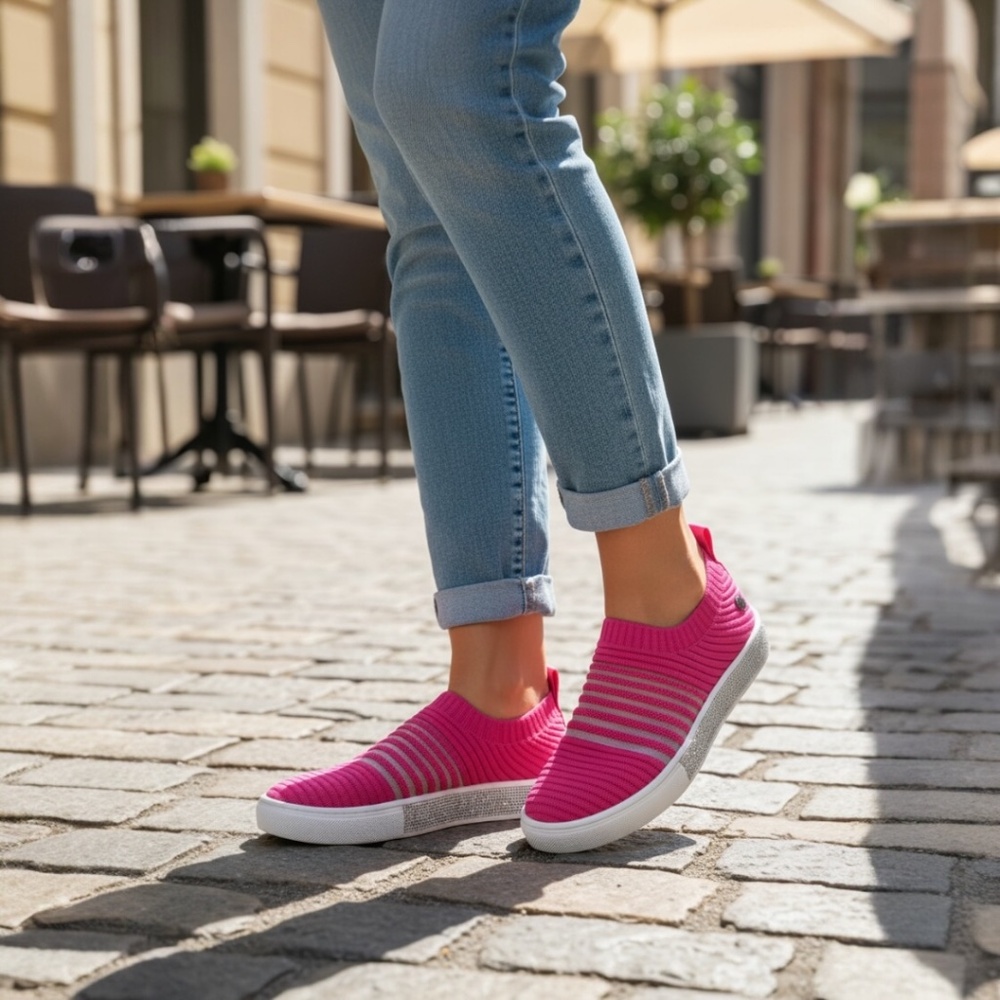 Bernie Mev Iris Slip-On Sneaker, Fuchsia, Rhinestone Sole, Comfort Knit - NWB - Picture 2 of 7